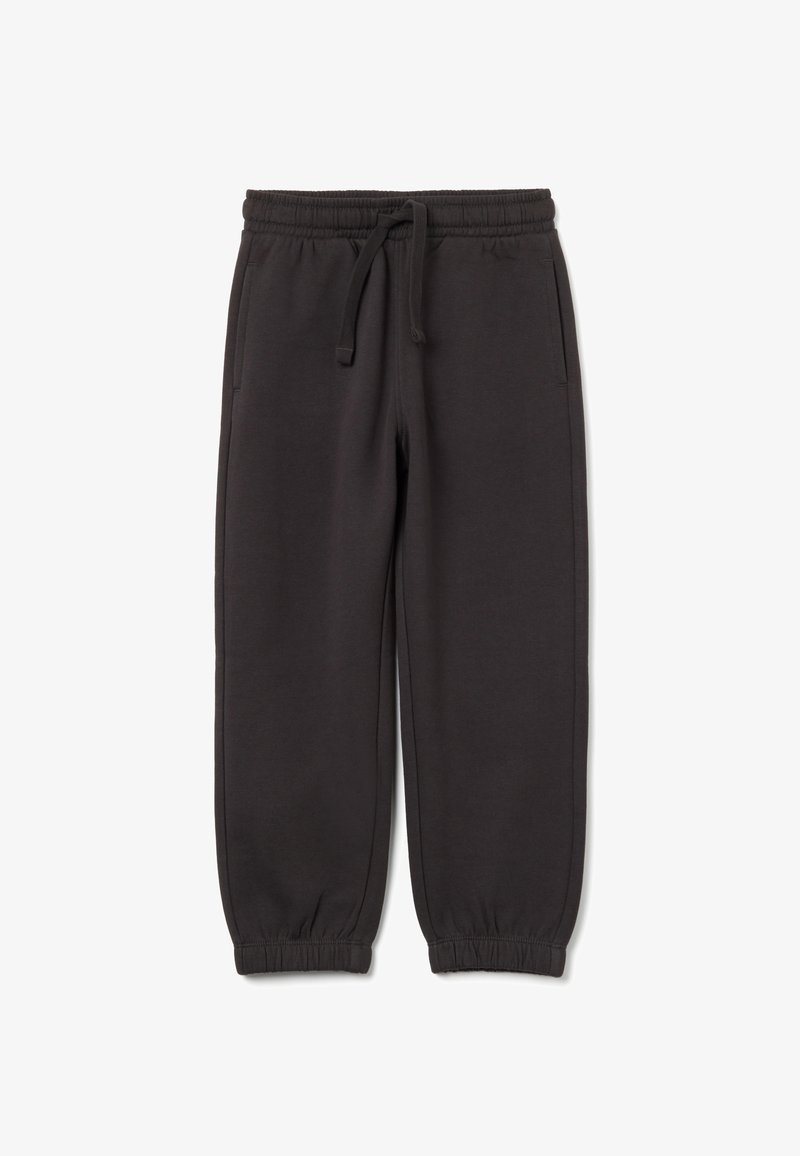 Black elastic waist jogger pants with drawstring, side pockets, and elastic cuffs on a white background.