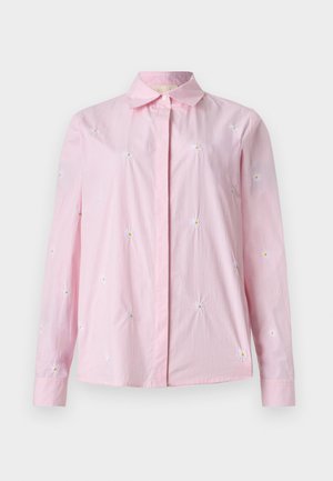 Rosa, rutete skjorte med broderte tusenfryd. Knappelukking foran, lange ermer og klassisk krage. Myk tekstur.