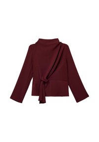 Bordeaux top met een hoge kraag, lange mouwen en een knoopdetail in de taille. Glad materiaal met een gedrapeerd ontwerp.
