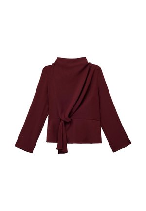 Bordeaux top met een hoge kraag, lange mouwen en een knoopdetail in de taille. Glad materiaal met een gedrapeerd ontwerp.