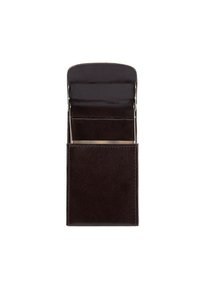 Portafoglio in pelle marrone scuro con una texture liscia, dotato di tre scomparti, chiusura a scatto e dettagli metallici sulla parte superiore.