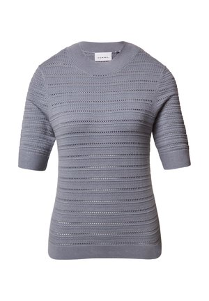 Light gray short-sleeve sweater with horizontal stripe pattern, features open knit details, round neck, and ribbed cuffs and hem.