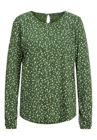 Blouse verte à manches longues avec un petit motif floral blanc, col rond avec ouverture en goutte d'eau et fermeture par bouton, et poignets élastiques.
