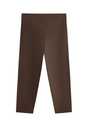 Braune, hoch taillierte, gekürzte Leggings mit glattem Bund und einfachem, minimalistischem Design vor weißem Hintergrund.