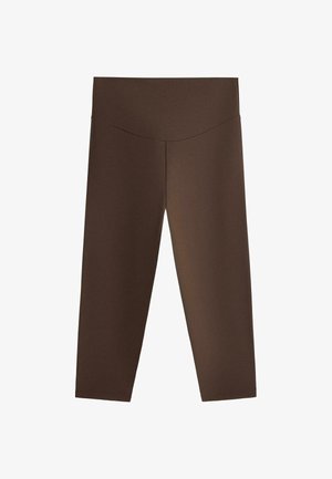 Braune, hoch taillierte, gekürzte Leggings mit glattem Bund und einfachem, minimalistischem Design vor weißem Hintergrund.