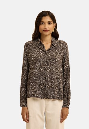 Schwarzes Langarmshirt mit einem floralem Muster in Creme und Gold, ausgestattet mit einem Kragen und einer Knopfleiste, aus leichtem Stoff gefertigt.