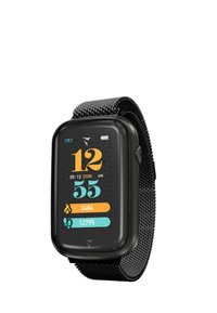 Schwarze Smartwatch mit einem rechteckigen Touchscreen, der die Uhrzeit und Fitnessstatistiken anzeigt. Verfügt über ein strukturiertes schwarzes Armband und einen seitlichen Knopf.