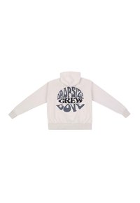 White hoodie with a large dark gray graphic on the back reading “DROPSIZE CREW LOVE,” featuring ribbed cuffs and waistband.