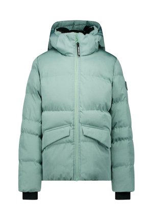Lichtgroene gewatteerde winterjas met capuchon, rits aan de voorkant, klepzakken en zwarte binnenboorden.