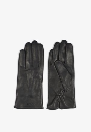 Guantes de cuero negro con un diseño clásico que presenta tres costuras horizontales en la parte posterior y un ajuste ceñido en la muñeca.