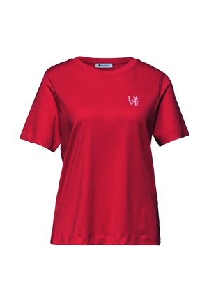 Rød T-shirt med korte ærmer og rund hals, med lille lyserødt "LOVE"-tekst og blomstermotiv på venstre bryst.