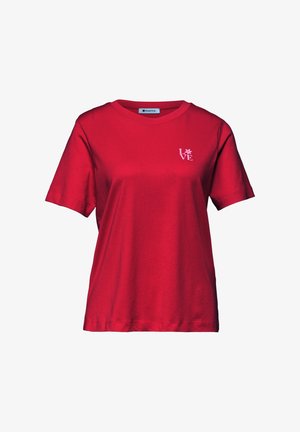 Rød T-shirt med korte ærmer og rund hals, med lille lyserødt "LOVE"-tekst og blomstermotiv på venstre bryst.