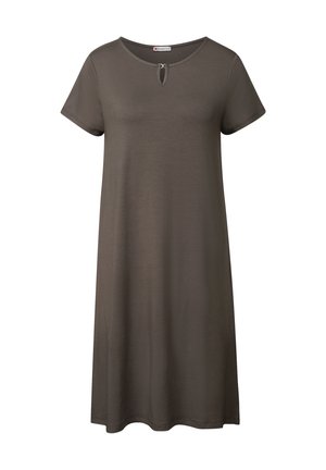 Robe à manches courtes, longueur genou en tissu vert olive foncé. Présente un col rond avec un petit détail en forme de trou de serrure et une coupe droite.