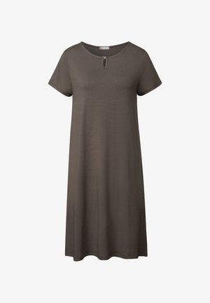 Sukienka z krótkim rękawem, do kolan, w ciemnooliwkowym kolorze. Posiada okrągły dekolt z małym wycięciem oraz prosty krój.