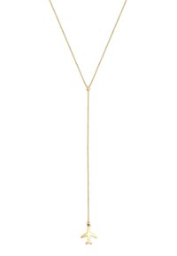 Guld halskæde med en lang, tynd kedel og en lille, flyformet vedhæng. Glat struktur og minimalistisk design.