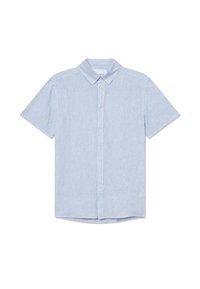 Kortermet skjortebluse i lys blå og hvite striper, laget av et lett stoff med klassisk krage og avrundet kant.