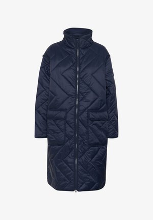 Navy blue quilted puffer coat, featuring a high collar, front zipper, and two large patch pockets. Smooth, shiny texture with diamond pattern.