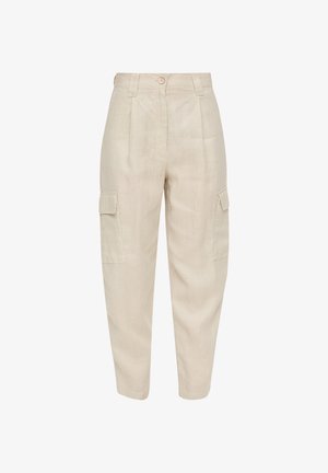 Beige Leinen Cargo-Hosen mit lockerer Passform, zwei Seitentaschen, Falten an der Taille und Knopfverschluss. Weiche Textur.