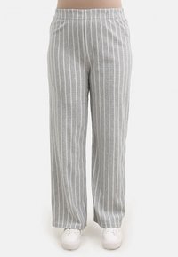 Wide-leg pants in light gray fabric featuring a vertical striped pattern in darker gray. Elastic waistband and soft texture.