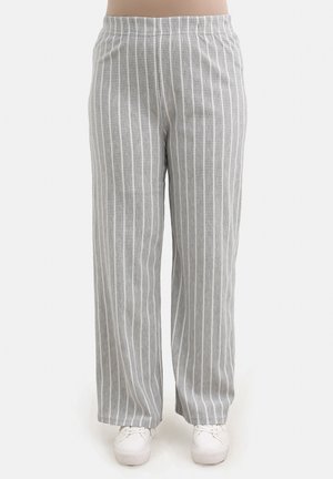 Wide-leg pants in light gray fabric featuring a vertical striped pattern in darker gray. Elastic waistband and soft texture.