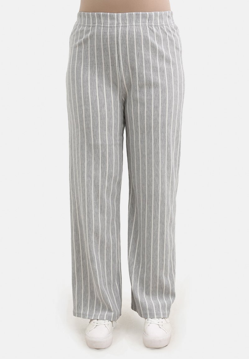 Wide-leg pants in light gray fabric featuring a vertical striped pattern in darker gray. Elastic waistband and soft texture.