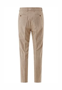 Beige Wollhosen mit strukturiertem Finish, ausgestattet mit Gesäßtaschen, maßgeschneidertem Design und leicht tapered Beinform.