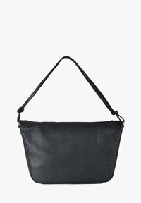 Borsa a tracolla nera in pelle con superficie testurizzata, forma triangolare, tracolla regolabile e chiusura con zip superiore.