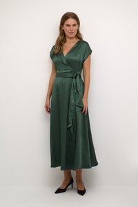 Green wrap dress made of smooth, textured fabric; features short sleeves, a tie at the waist, and a flowing, ankle-length skirt.