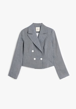 Kort dubbel-breasted jacket in gestructureerde blauwe stof. Heeft een notched lapels en twee witte knopen aan de voorkant. Lange mouwen.