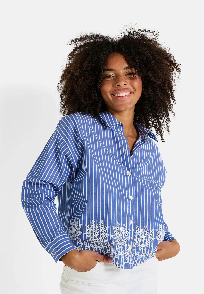 Chemise à rayures bleues et blanches avec un détail floral brodé à l'ourlet. Fabriquée en tissu léger avec un col.