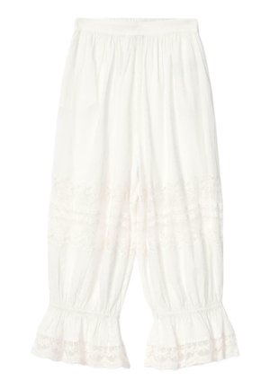Witte loszittende cropped broek met elastische tailleband en kanten afwerking bij de knieën en gerimpelde boorden.