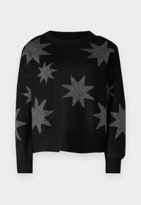 Black knit sweater featuring silver star patterns, a round neckline, and ribbed cuffs and hem. Soft texture with a relaxed fit.