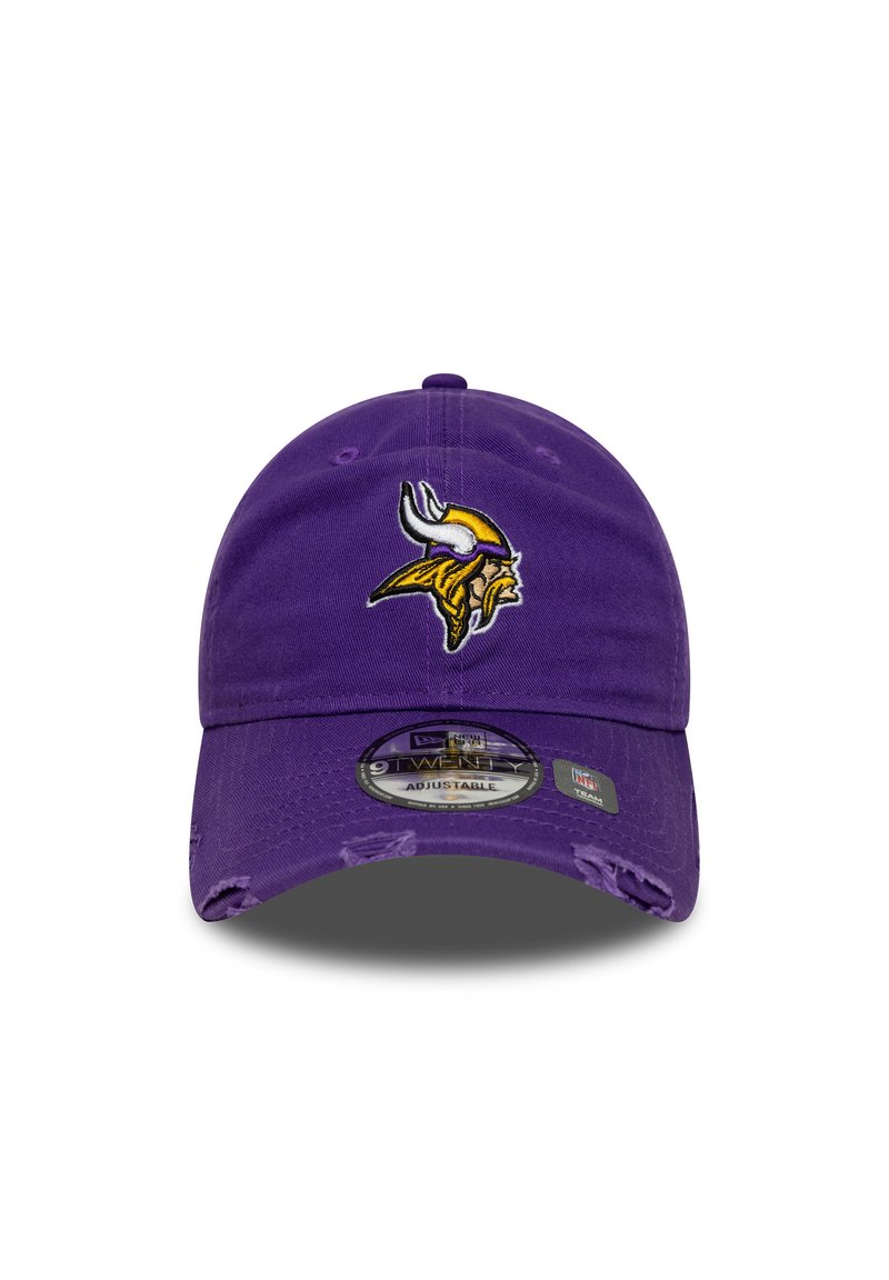 Purple adjustable cap with a curved brim. Features an embroidered Viking logo in yellow and black. Made of fabric with a distressed texture.