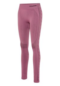 Leggings de sport roses sans coutures avec des panneaux de ventilation texturés sur les cuisses et les mollets, avec un logo hummel noir sur la ceinture.