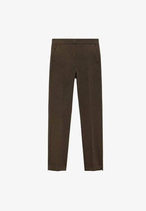 Pantaloni maro, cu croială slim-fit, având o textură netedă, cu buzunare laterale și un design cu picior drept. Fără modele sau embellishments vizibile.