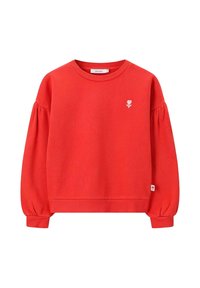 Sweat-shirt rouge avec un col rond côtelé et des manches ballons. Présente un petit logo blanc en forme de feuille sur la poitrine et une étiquette sur l'ourlet.