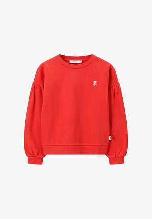 Rode sweatshirt met een geribbelde ronde hals en poffende mouwen. Heeft een klein wit bladlogo op de borst en een label aan de zoom.