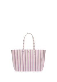 Bolso de asas a rayas en blanco con rayas verticales rosas, que cuenta con dos asas y un sencillo logo. Hecho de material duradero.