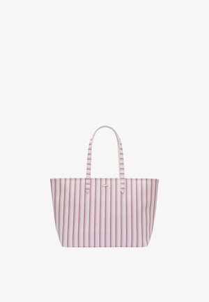 Borsa a tracolla a righe bianche con strisce verticali rosa, dotata di due manici e un semplice accento con logo. Realizzata in materiale resistente.