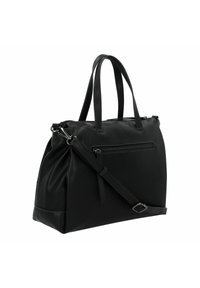 Schwarze Lederhandtasche mit doppelten Griffen, abnehmbarem Schultergurt, Reißverschluss, vorderer Reißverschlusstasche und glatter Textur. Strukturierte Form mit Akzenten.
