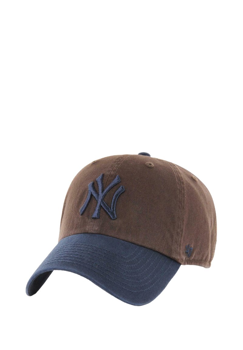 Baseball cap with brown crown and navy blue brim, featuring a raised navy blue "NY" logo on the front and a small logo on the side.