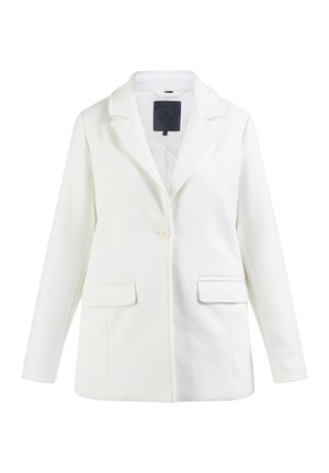 Biały żakiet wykonany z teksturowanej tkaniny, z klapami, z pojedynczym zapięciem na guzik i dwoma przednimi kieszeniami.