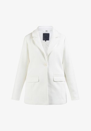 Biały żakiet wykonany z teksturowanej tkaniny, z klapami, z pojedynczym zapięciem na guzik i dwoma przednimi kieszeniami.