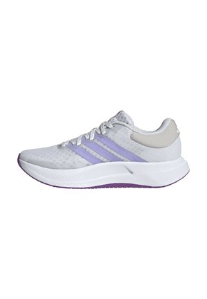 White running shoe with light purple stripes, white laces, and a thick textured sole with purple outsole edges.
