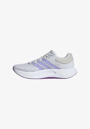 White running shoe with light purple stripes, white laces, and a thick textured sole with purple outsole edges.