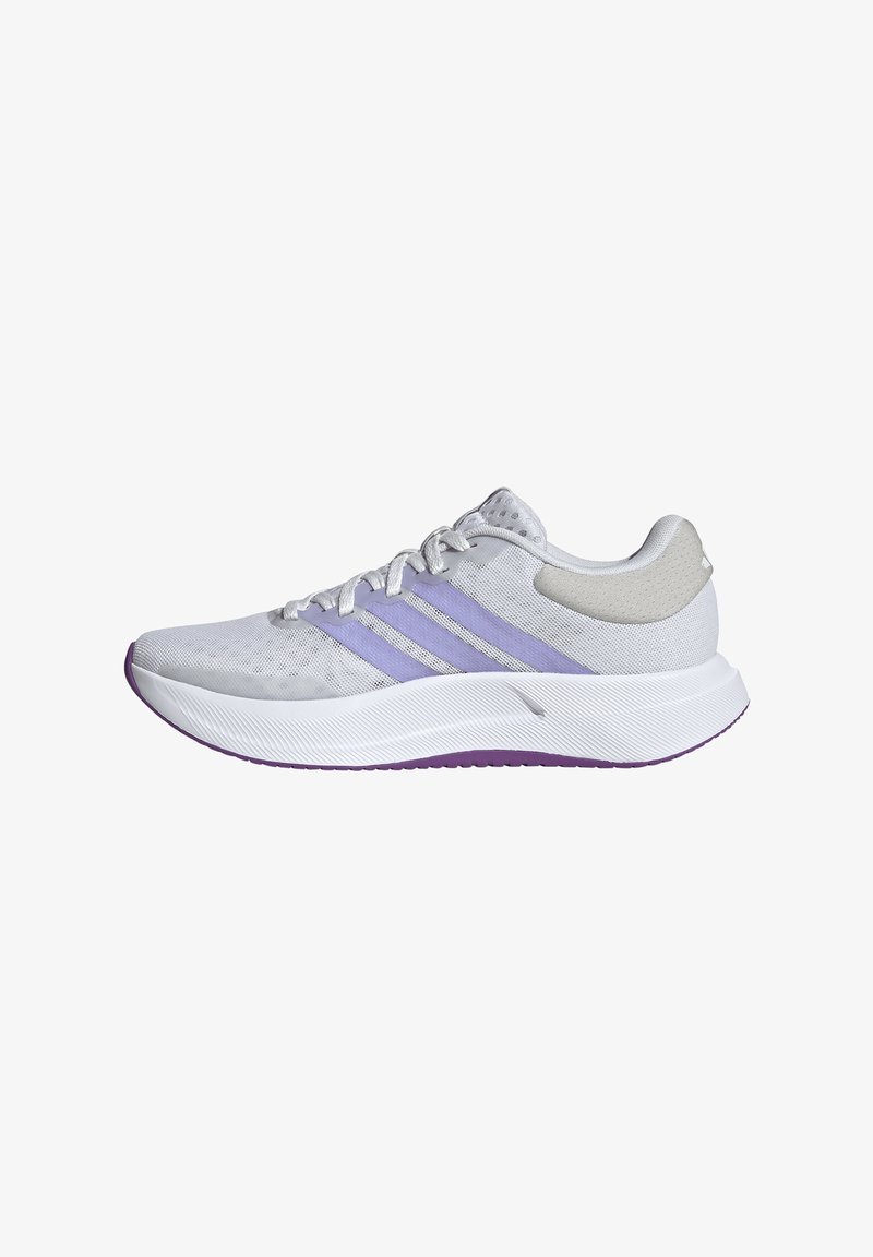 White running shoe with light purple stripes, white laces, and a thick textured sole with purple outsole edges.