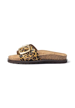 Slide sandal with cork sole, leopard print strap, large gold buckle, and soft brown footbed viewed from side on white background.