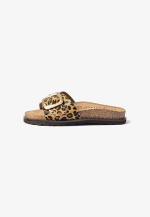 Slide sandal with cork sole, leopard print strap, large gold buckle, and soft brown footbed viewed from side on white background.