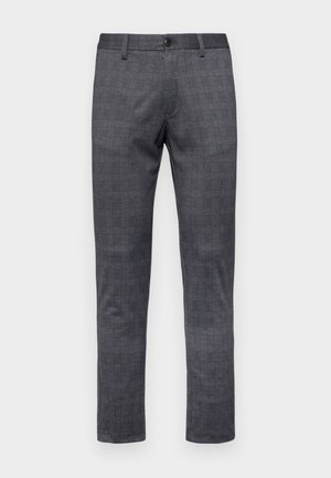 Gray checkered trousers with a slim fit, featuring a button closure, belt loops, and a textured fabric.
