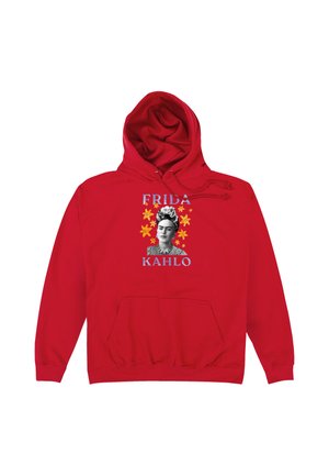 Rode hoodie met een zwart-wit portret van Frida Kahlo omringd door gele sterren en de tekst "Frida Kahlo" boven en onder de afbeelding.